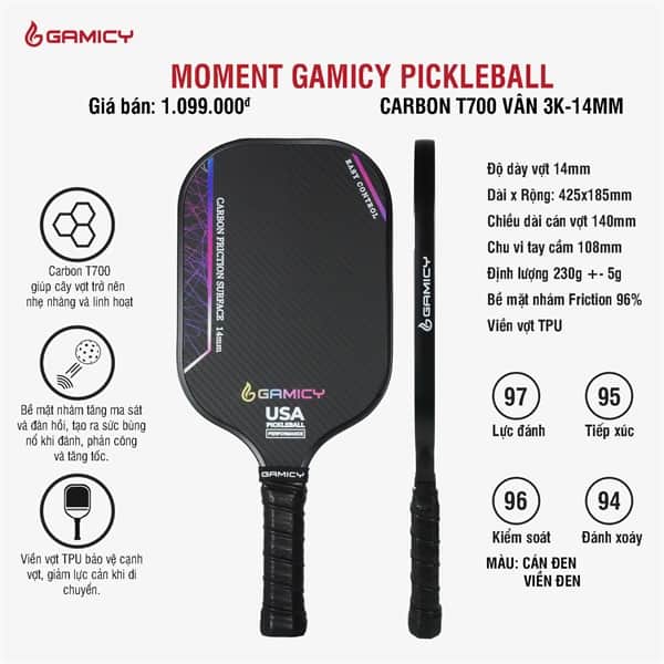 VỢT PICKLEBALL GAMICY MOMENT T700 3K (14MM)