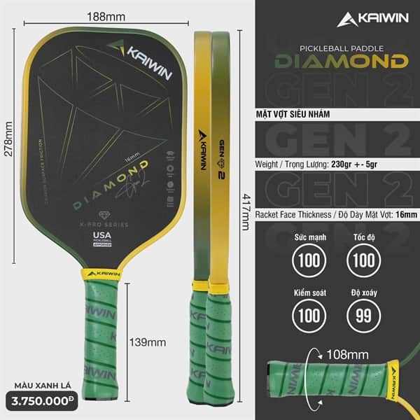 VỢT PICKLEBALL DIAMOND GEN2 16MM KAIWIN