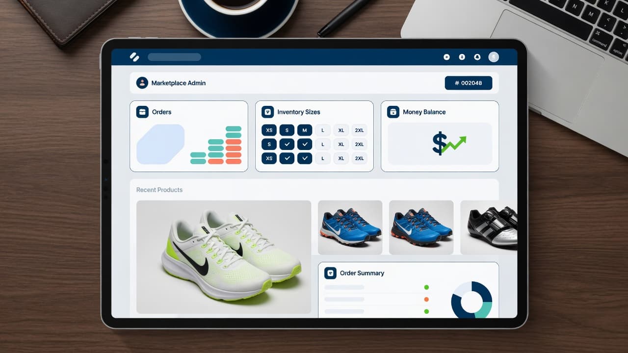 Demo dashboard Vendor — đơn, tồn size, tiền