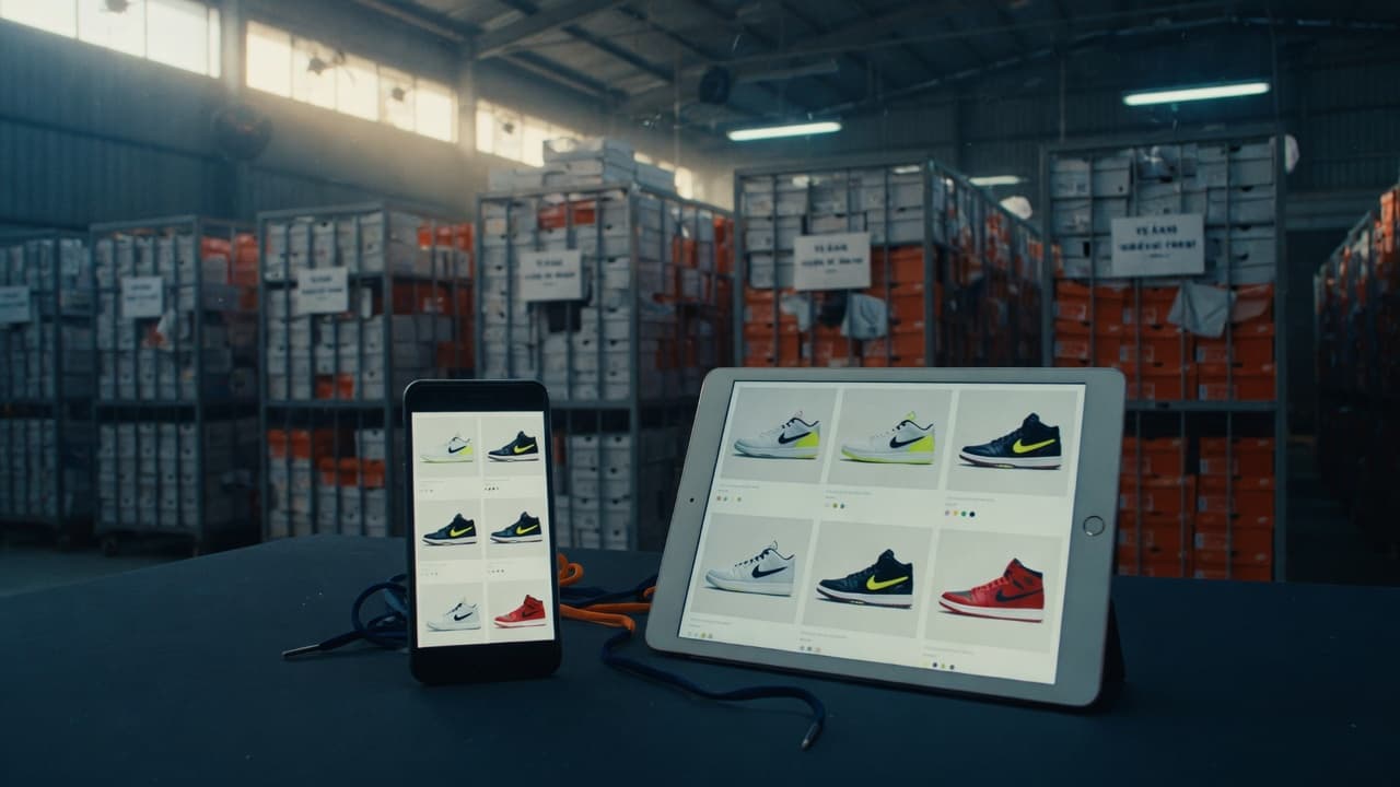 Demo: catalog sỉ trên thiết bị, kho hàng thể thao phía sau